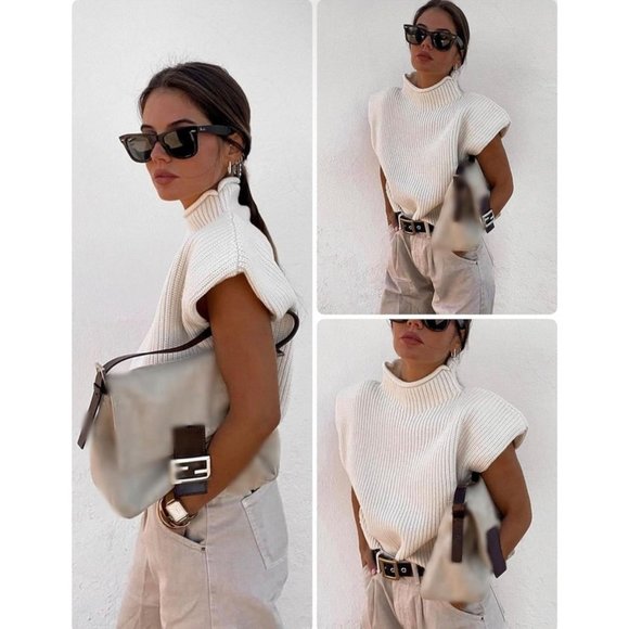 Huaqiao Women's High Neck Knit Sweater Vest Padded Shoulder Turtleneck - Picture 7 of 10